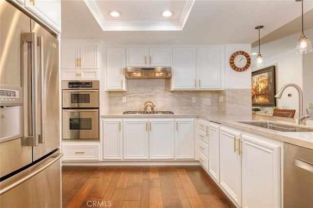 kitchen with dark wood finished floors, ornamental molding, appliances with stainless steel finishes, and a sink