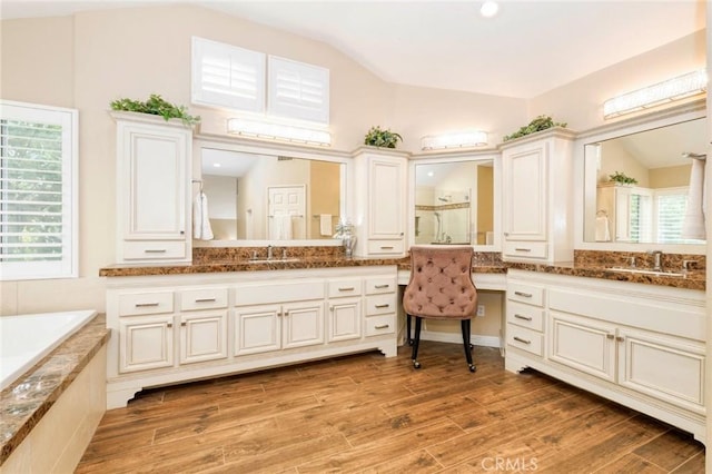 bathroom with two vanities, wood finished floors, and a sink