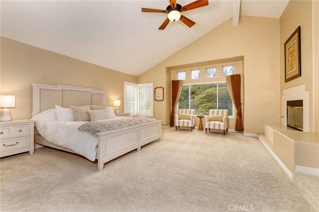 bedroom with light carpet, a tiled fireplace, baseboards, beamed ceiling, and high vaulted ceiling