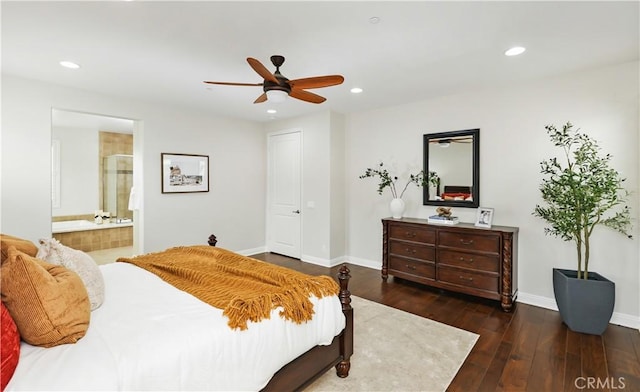 213 Wicker, Irvine, CA 92618 - bedroom with recessed lighting, hardwood / wood-style floors, baseboards, connected bathroom, and a ceiling fan