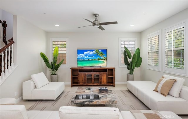 213 Wicker, Irvine, CA 92618 - living room featuring a ceiling fan, baseboards, stairs, and recessed lighting