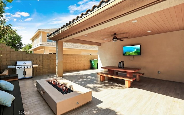 213 Wicker, Irvine, CA 92618 - view of patio / terrace with a fire pit, ceiling fan, and area for grilling