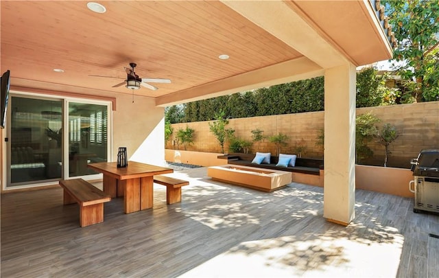 213 Wicker, Irvine, CA 92618 - view of patio with a fire pit, a wooden deck, ceiling fan, and area for grilling
