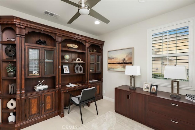 213 Wicker, Irvine, CA 92618 - home office featuring ceiling fan, healthy amount of natural light, baseboards, and recessed lighting