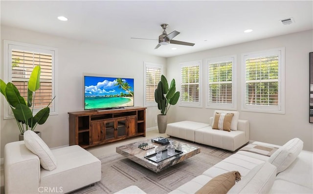 213 Wicker, Irvine, CA 92618 - carpeted living room featuring ceiling fan, recessed lighting, and baseboards