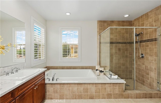 213 Wicker, Irvine, CA 92618 - full bathroom with a stall shower, a bath, vanity, and recessed lighting
