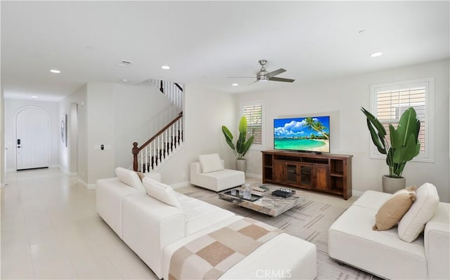 213 Wicker, Irvine, CA 92618 - living room featuring recessed lighting, a ceiling fan, stairs, and baseboards