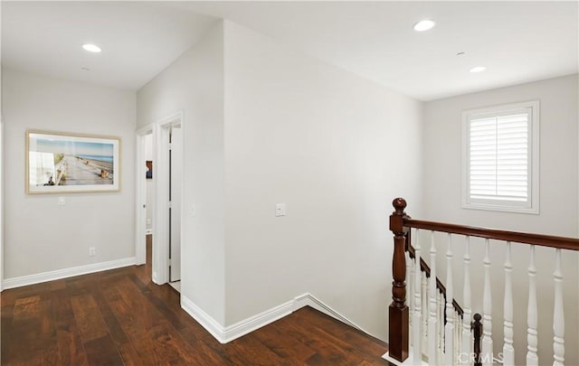 213 Wicker, Irvine, CA 92618 - corridor with an upstairs landing, dark wood-type flooring, baseboards, and recessed lighting