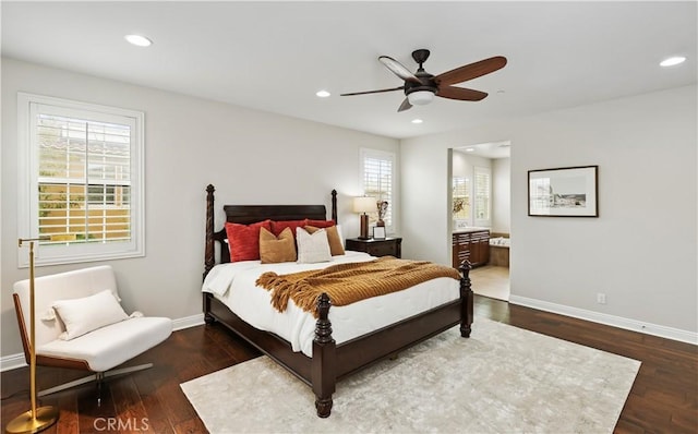 213 Wicker, Irvine, CA 92618 - bedroom featuring baseboards, wood finished floors, recessed lighting, ensuite bathroom, and ceiling fan