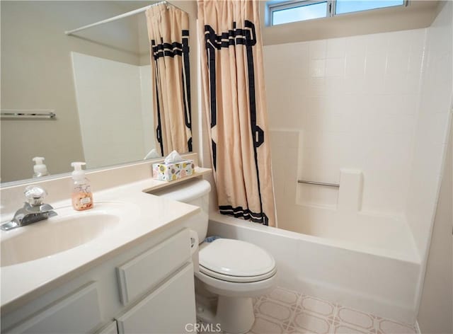 28050 Bavaria Dr, Menifee, CA 92585 - bathroom with shower / tub combo with curtain, vanity, and toilet