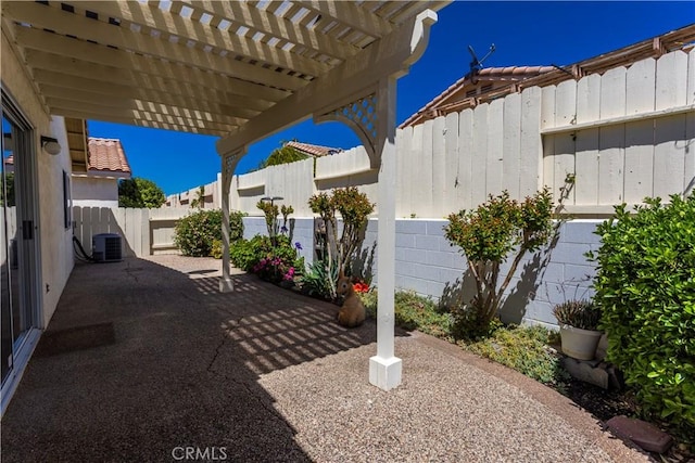 28050 Bavaria Dr, Menifee, CA 92585 - view of patio featuring a pergola, fence, and central AC