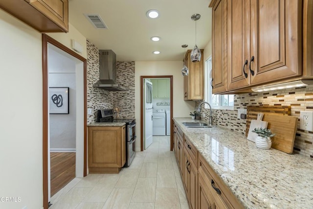 3059 Glenrose Ave, Altadena, CA 91001 - kitchen with a sink, decorative backsplash, range with two ovens, wall chimney exhaust hood, and visible vents