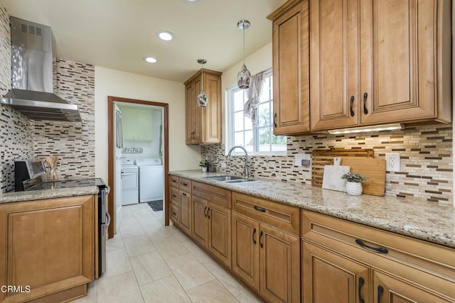 3059 Glenrose Ave, Altadena, CA 91001 - kitchen featuring wall chimney range hood, tasteful backsplash, a sink, separate washer and dryer, and stainless steel electric stove