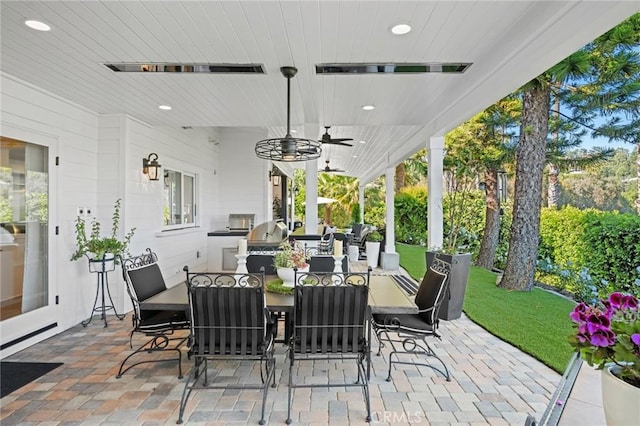 2121 Valhalla Dr, Santa Ana, CA 92705 - view of patio / terrace featuring a ceiling fan, exterior kitchen, and outdoor dining space