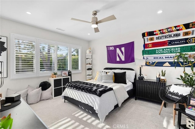 2121 Valhalla Dr, Santa Ana, CA 92705 - carpeted bedroom with recessed lighting, visible vents, and a ceiling fan