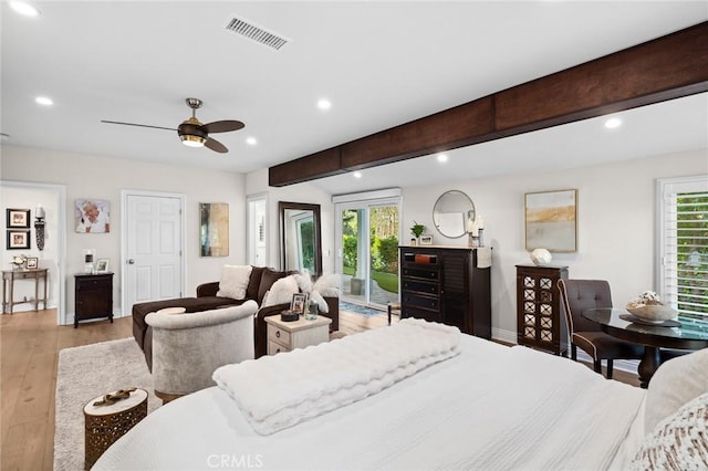 2121 Valhalla Dr, Santa Ana, CA 92705 - bedroom with light wood-style flooring, visible vents, recessed lighting, and access to exterior
