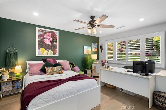 2121 Valhalla Dr, Santa Ana, CA 92705 - bedroom featuring a ceiling fan, wood finished floors, visible vents, and recessed lighting