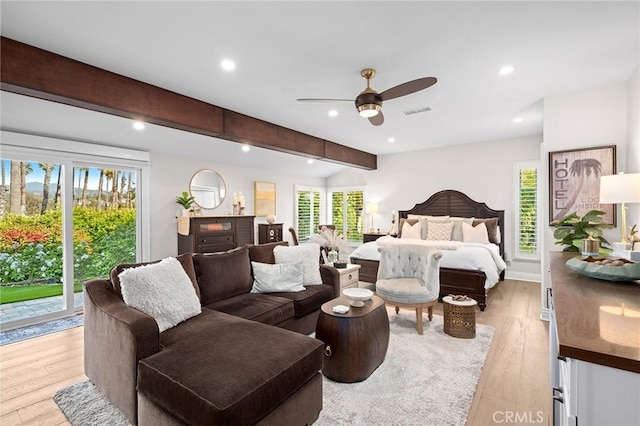 2121 Valhalla Dr, Santa Ana, CA 92705 - bedroom with beamed ceiling, light wood-style flooring, visible vents, and multiple windows