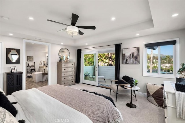 2121 Valhalla Dr, Santa Ana, CA 92705 - carpeted bedroom featuring baseboards, recessed lighting, access to outside, ceiling fan, and a raised ceiling