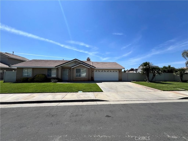 ranch-style home featuring a front yard, a garage, fence, concrete driveway, and stucco siding