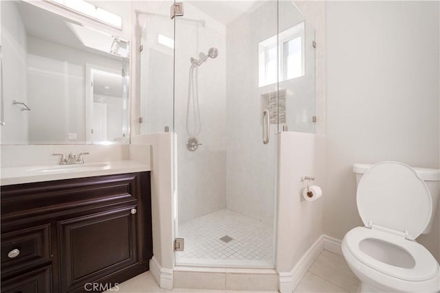 bathroom featuring tile patterned flooring, vanity, toilet, and a shower stall