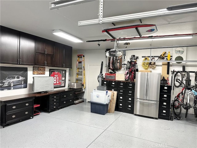 garage with freestanding refrigerator