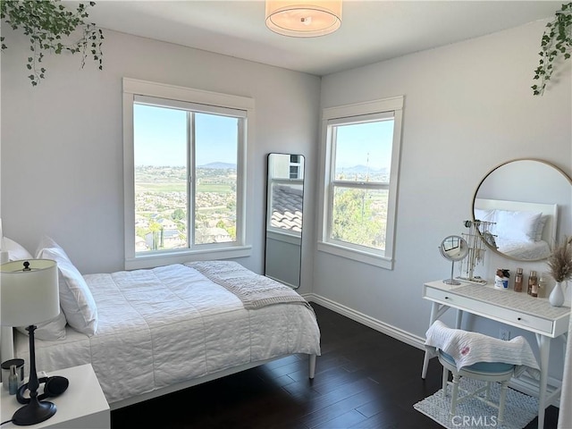 bedroom featuring baseboards, dark wood finished floors, and multiple windows