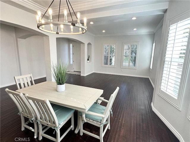 34036 Galleron St, Temecula, CA 92592 - dining space with a chandelier, crown molding, plenty of natural light, arched walkways, and dark wood-type flooring