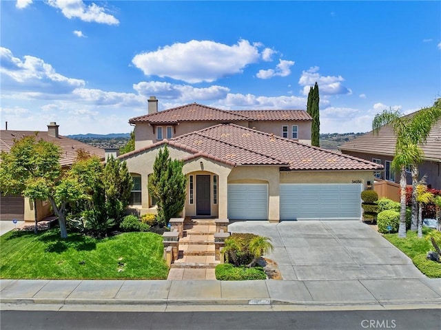 34036 Galleron St, Temecula, CA 92592 - mediterranean / spanish house featuring a garage, stucco siding, a tile roof, a chimney, and driveway
