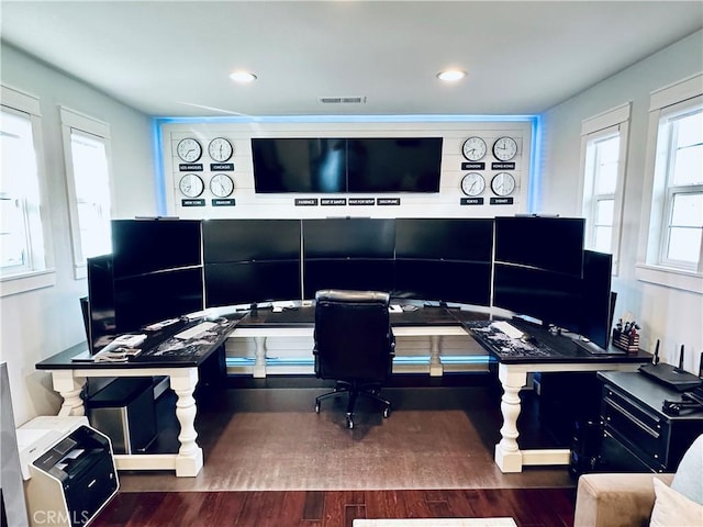 office space featuring visible vents, recessed lighting, and dark wood finished floors