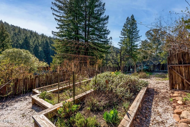 view of yard featuring fence, a vegetable garden, and a view of trees