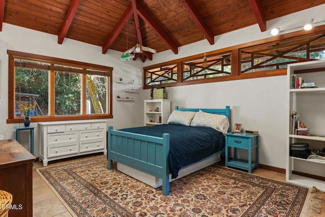 tiled bedroom with baseboards, wooden ceiling, vaulted ceiling with beams, and multiple windows