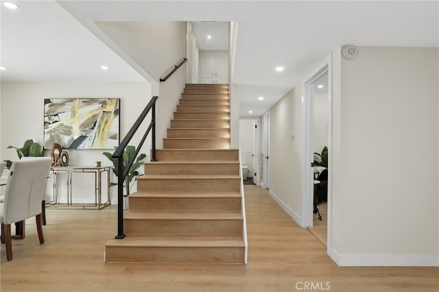 12635 Dorina Pl, Granada Hills, CA 91344 - staircase with wood finished floors, recessed lighting, and baseboards