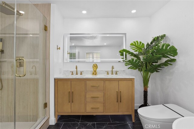 12635 Dorina Pl, Granada Hills, CA 91344 - bathroom with a shower stall, marble look tiles, toilet, double vanity, and recessed lighting