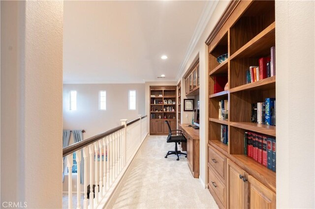 30304 Vercors St, Murrieta, CA 92563 - office featuring crown molding, built in desk, light carpet, built in features, and recessed lighting