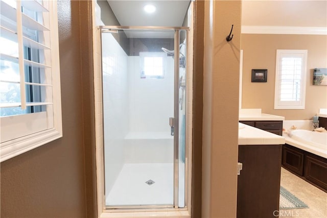 30304 Vercors St, Murrieta, CA 92563 - full bathroom featuring a stall shower, vanity, and ornamental molding