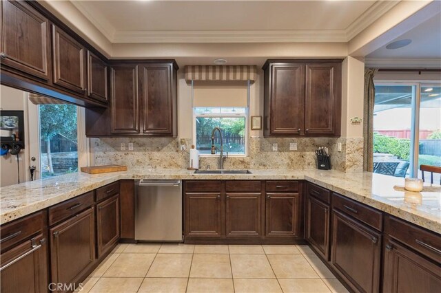 30304 Vercors St, Murrieta, CA 92563 - kitchen featuring a sink, stainless steel dishwasher, light tile patterned floors, dark brown cabinetry, and ornamental molding