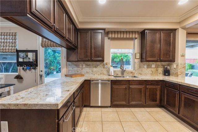 30304 Vercors St, Murrieta, CA 92563 - kitchen featuring stainless steel dishwasher, a sink, light tile patterned floors, dark brown cabinetry, and crown molding