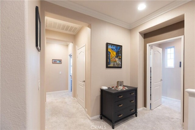 30304 Vercors St, Murrieta, CA 92563 - hallway with light carpet, ornamental molding, and baseboards