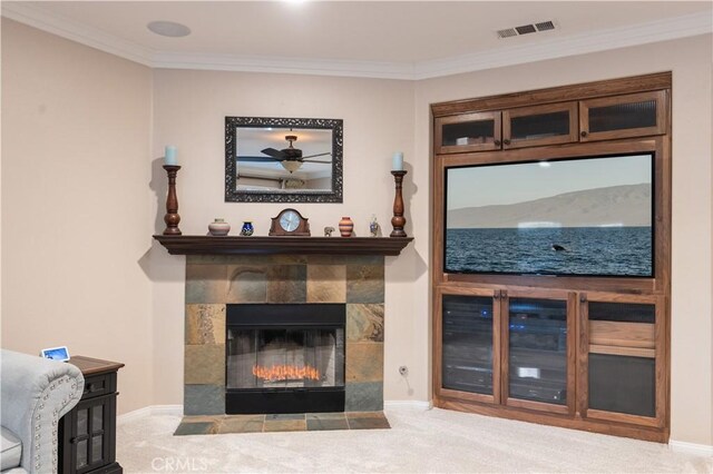 30304 Vercors St, Murrieta, CA 92563 - carpeted living area with crown molding, a tile fireplace, and baseboards