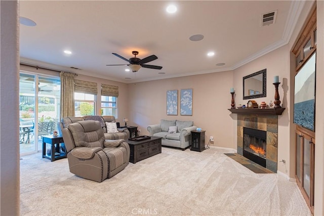 30304 Vercors St, Murrieta, CA 92563 - carpeted living room featuring ceiling fan, a fireplace, crown molding, recessed lighting, and baseboards