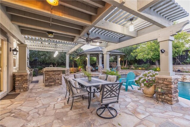 30304 Vercors St, Murrieta, CA 92563 - view of patio / terrace with a pergola, ceiling fan, outdoor dining area, and an outdoor bar