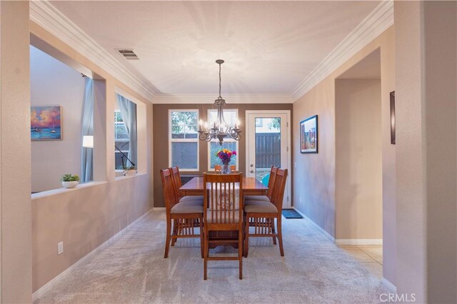 30304 Vercors St, Murrieta, CA 92563 - carpeted dining room with a chandelier, ornamental molding, and baseboards