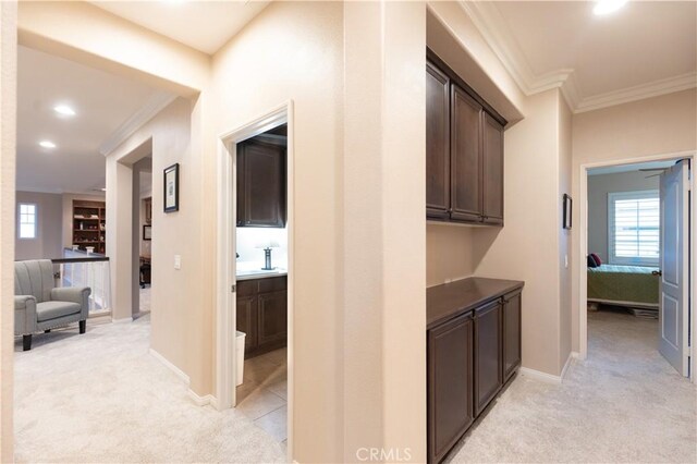 30304 Vercors St, Murrieta, CA 92563 - hall featuring light colored carpet, ornamental molding, healthy amount of natural light, baseboards, and recessed lighting