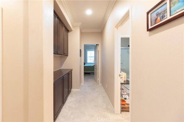 30304 Vercors St, Murrieta, CA 92563 - corridor with crown molding, light carpet, and baseboards