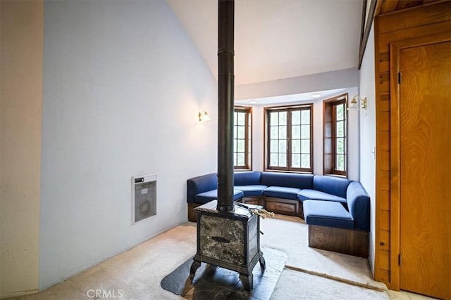 419 Lytle Ln, Lytle Creek, CA 92358 - sitting room with carpet flooring, high vaulted ceiling, and heating unit
