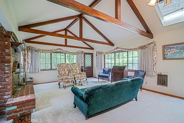 carpeted living room with high vaulted ceiling, baseboards, beamed ceiling, and visible vents