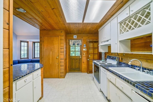 kitchen featuring a sink, white appliances, light floors, wood ceiling, and white cabinetry