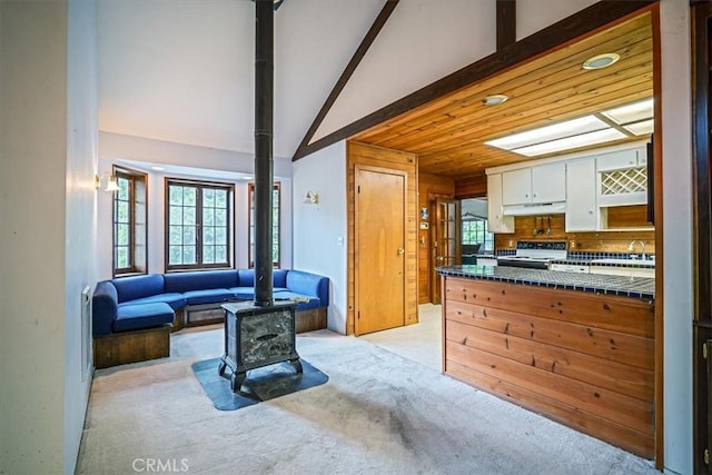 kitchen featuring dark countertops, light colored carpet, a wood stove, electric range, and under cabinet range hood