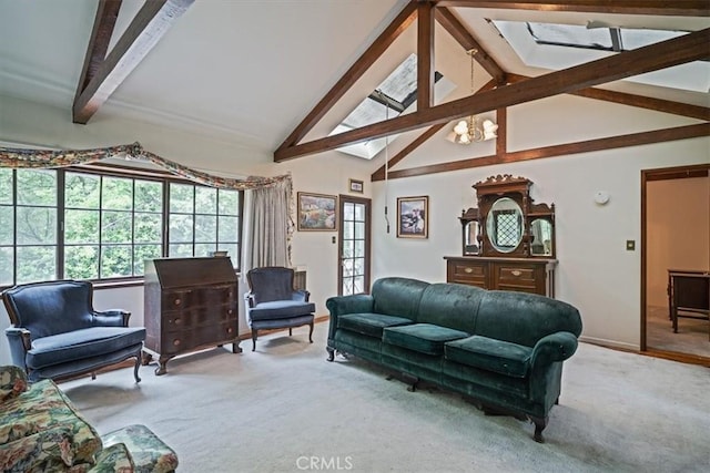 living area featuring beamed ceiling, baseboards, carpet flooring, and high vaulted ceiling